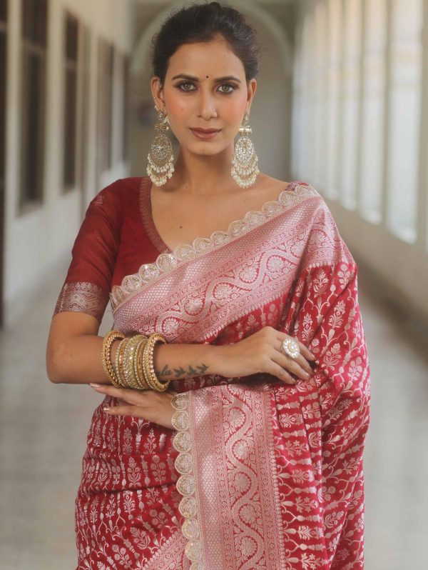 Royal Red Jacquard Embroidery Cording Lace Saree - Image 5