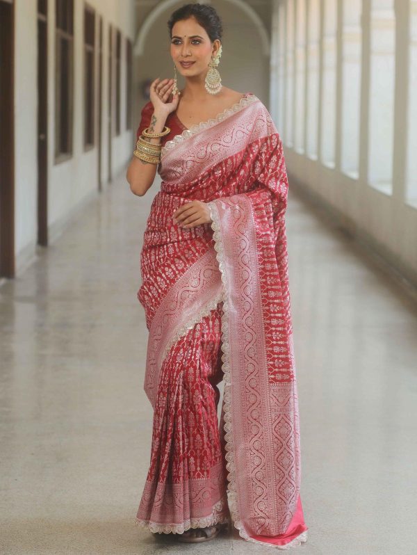 Royal Red Jacquard Embroidery Cording Lace Saree - Image 6