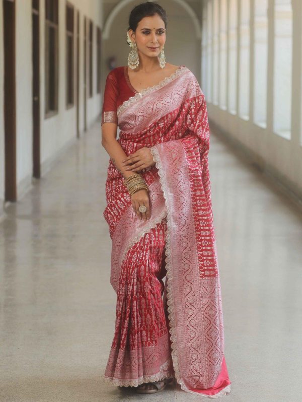 Royal Red Color Jacquard Embroidery Cording Lace Saree