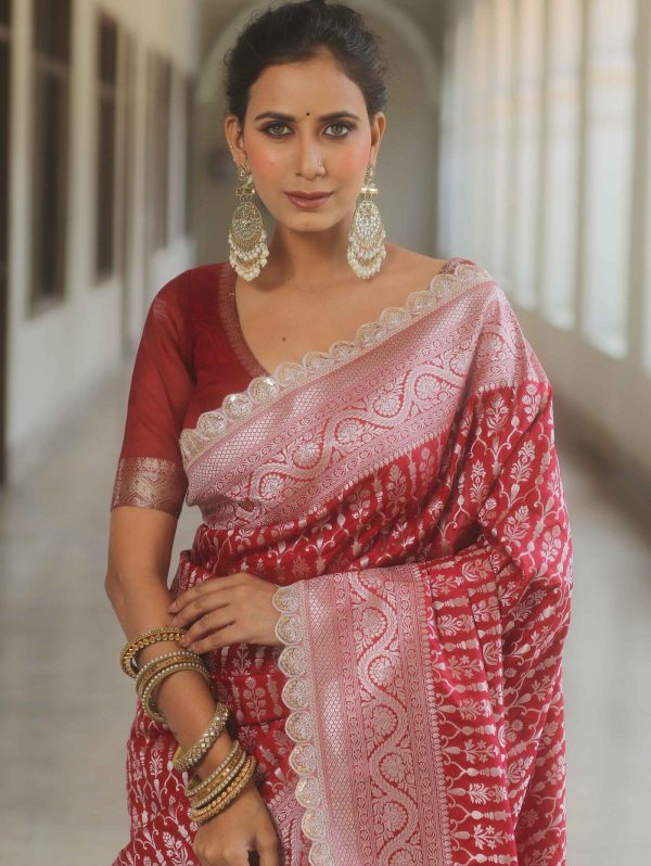 Royal Red Jacquard Embroidery Cording Lace Saree - Image 7