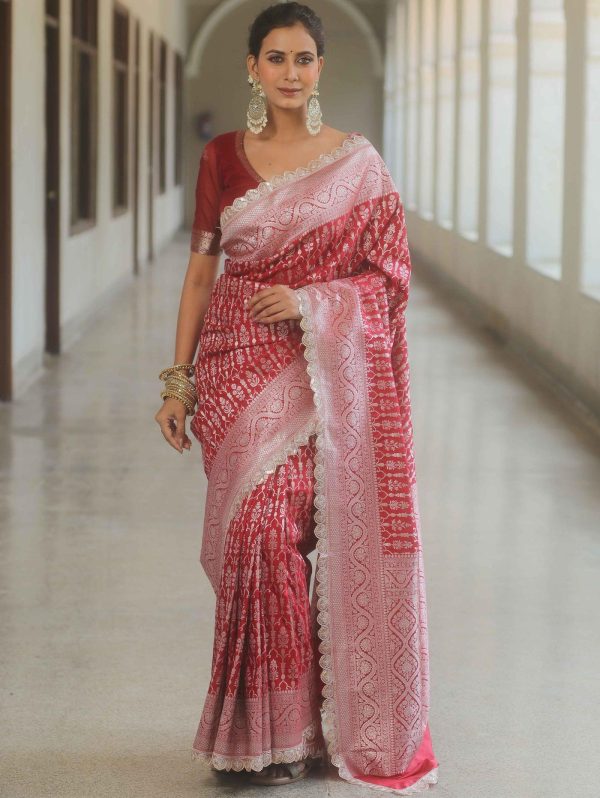 Royal Red Jacquard Embroidery Cording Lace Saree - Image 8