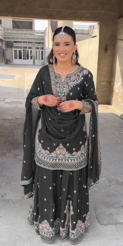 Shine Black Color Chinon Silk Thread Sequence Work Salwar Suit