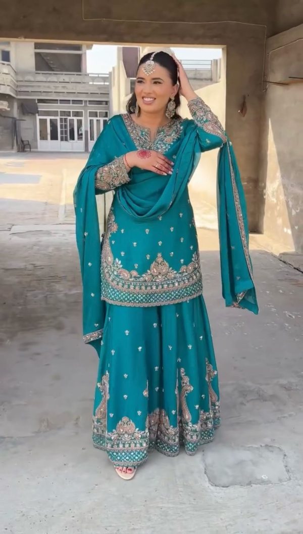 Shine Blue Color Chinon Silk Thread Sequence Work Salwar Suit