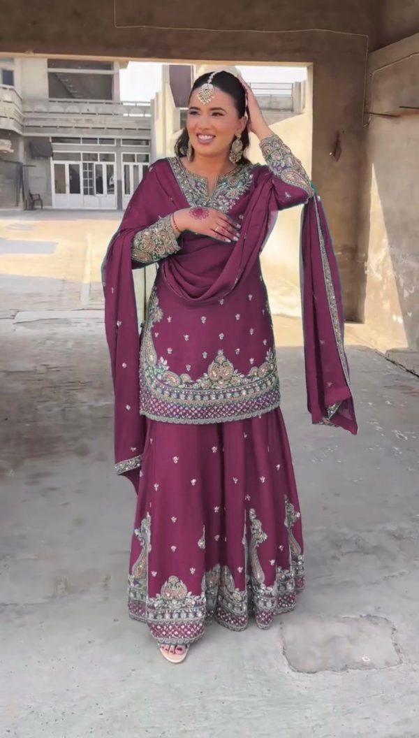 Shine Wine Color Chinon Silk Thread Sequence Work Salwar Suit