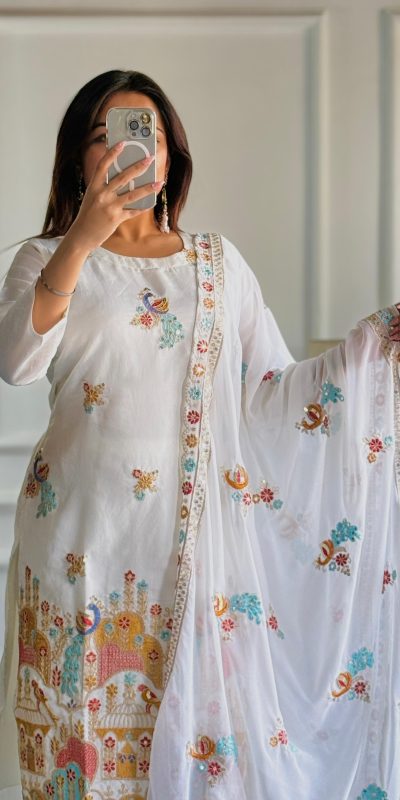 Shiny White Color Roman Silk With Embroidery Work Salwar Suit