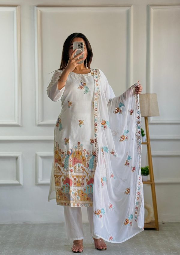 White Roman Silk With Embroidery Work Salwar Suit - Image 2