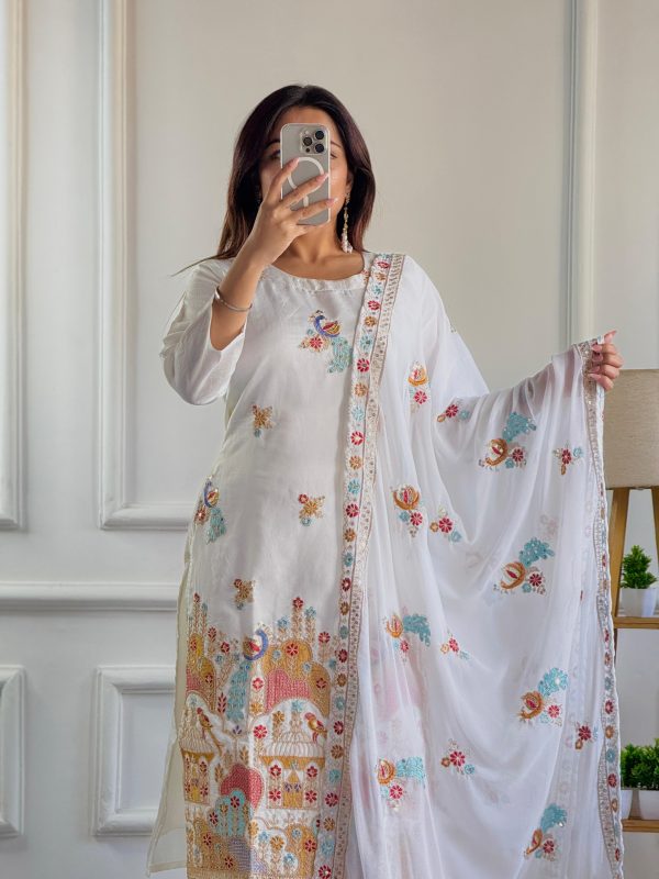White Roman Silk With Embroidery Work Salwar Suit - Image 3