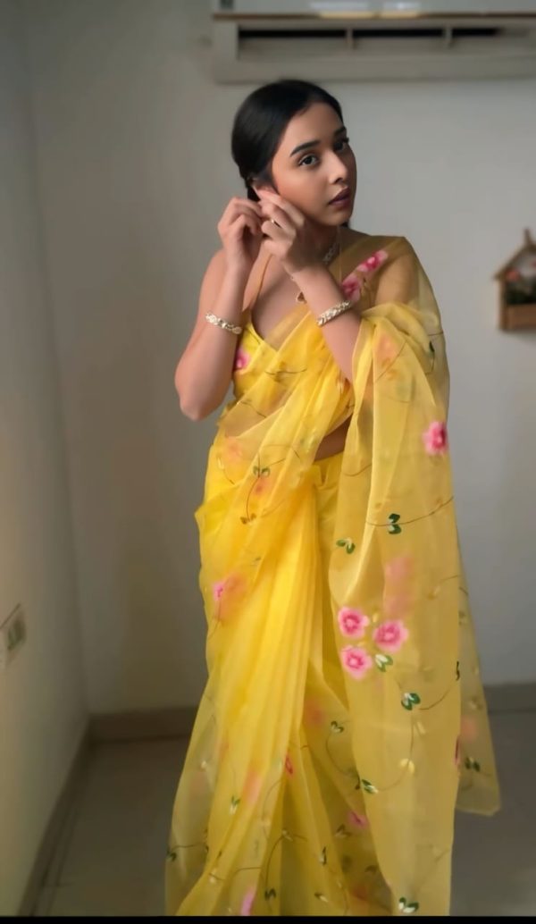 Yellow Soft Organza Silk Ready To Wear Saree - Image 2
