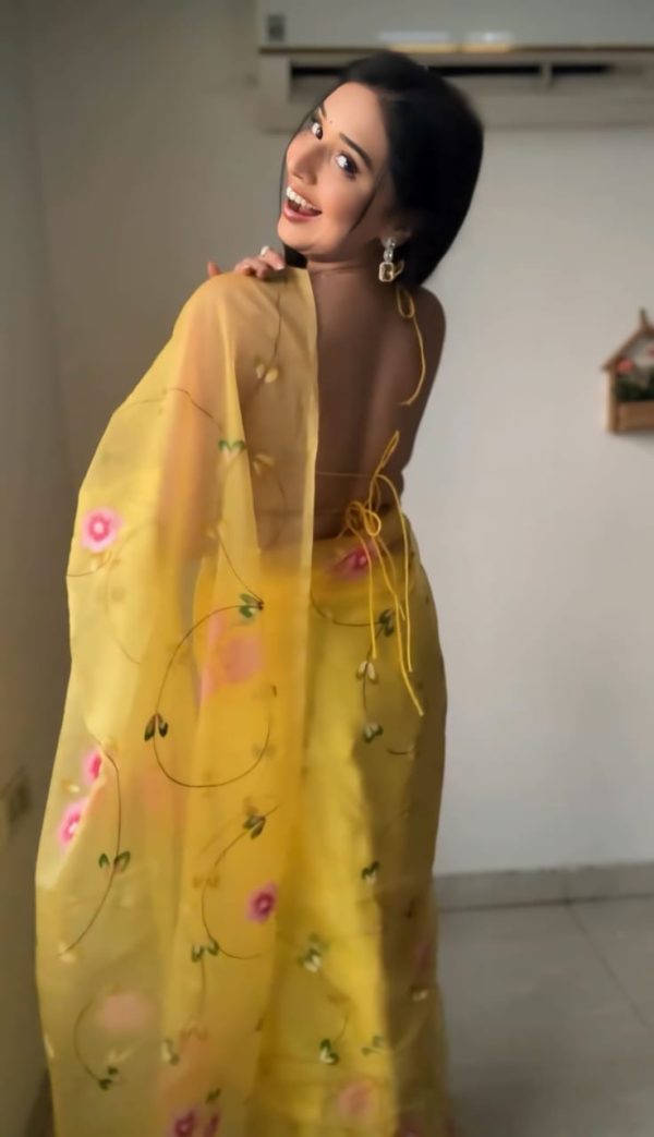 Yellow Soft Organza Silk Ready To Wear Saree - Image 3