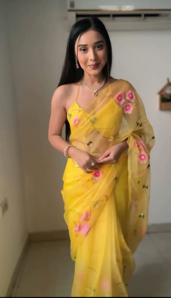 Yellow Soft Organza Silk Ready To Wear Saree - Image 4