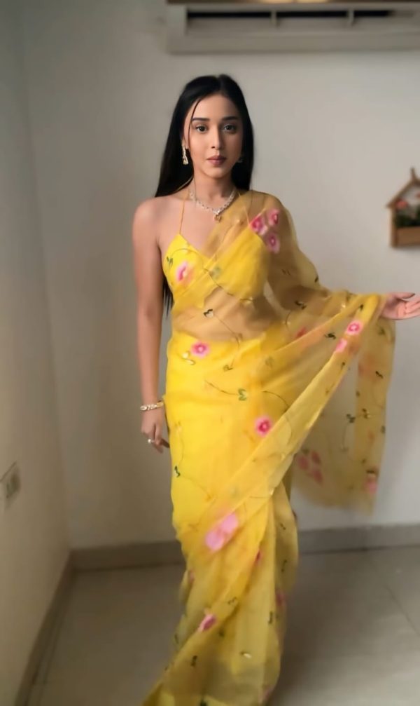 Yellow Soft Organza Silk Ready To Wear Saree - Image 5