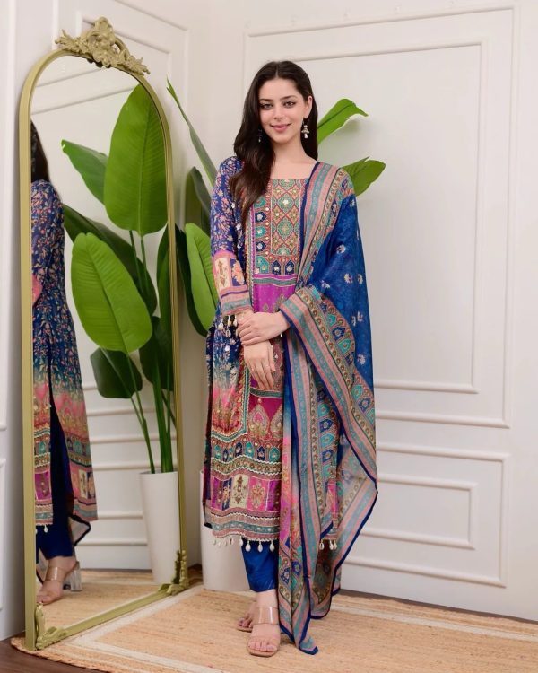 Special Royal Blue Color Chinon Printed Mirror Work Moti Lace Salwar Suit
