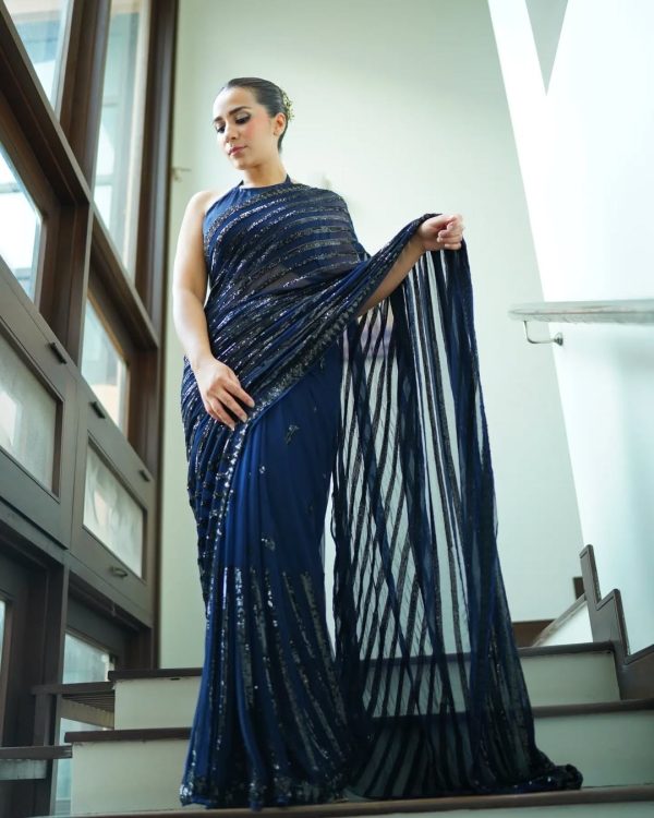 Navy Blue Georgette Sequence Work Saree - Image 2