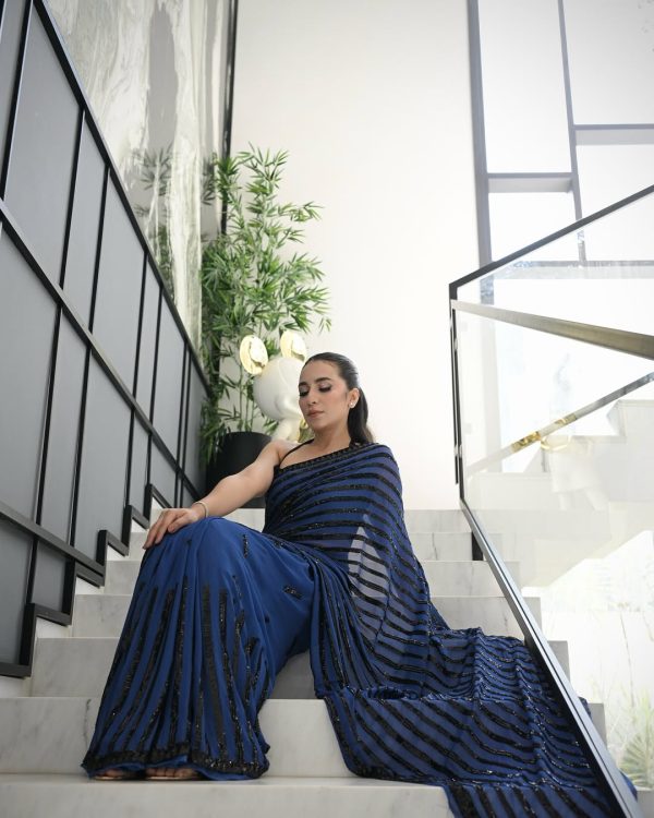 Navy Blue Georgette Sequence Work Saree - Image 5