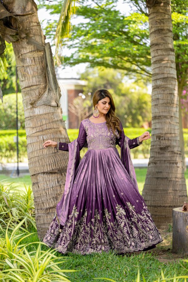 Purple Chinon Sequence Embroidery Work Gown - Image 2