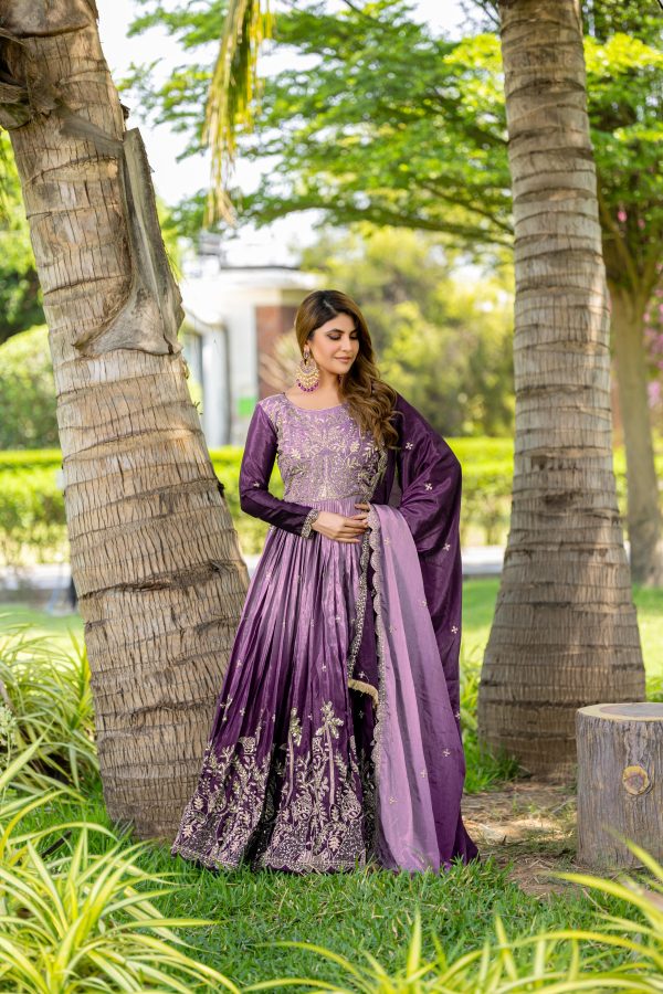 Purple Chinon Sequence Embroidery Work Gown - Image 3