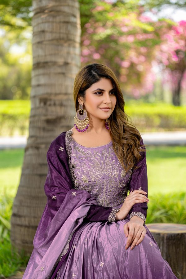 Purple Chinon Sequence Embroidery Work Gown - Image 5