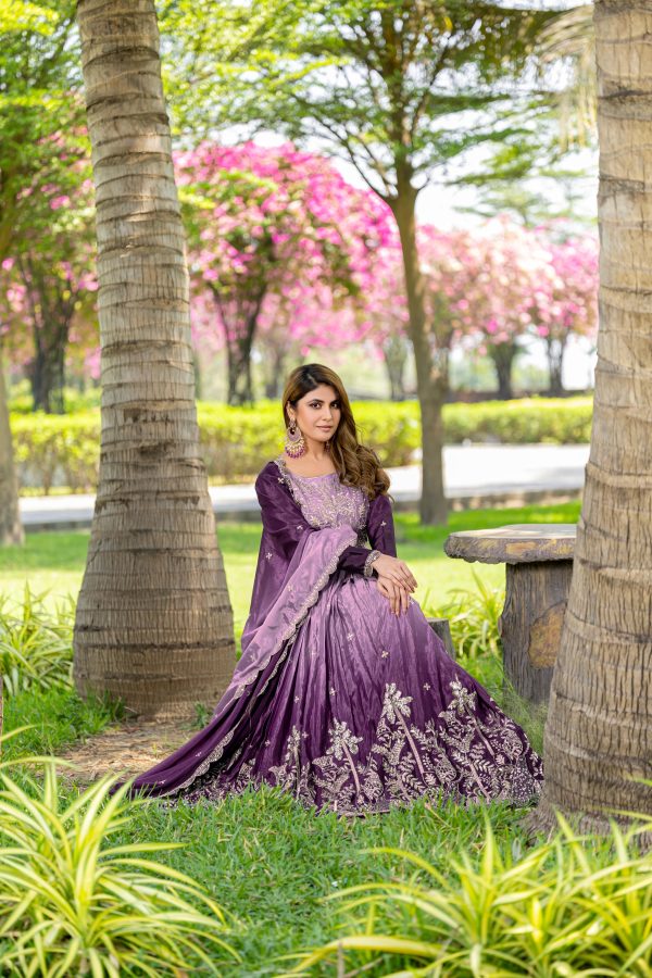 Purple Chinon Sequence Embroidery Work Gown - Image 8