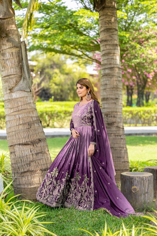Purple Chinon Sequence Embroidery Work Gown - Image 7