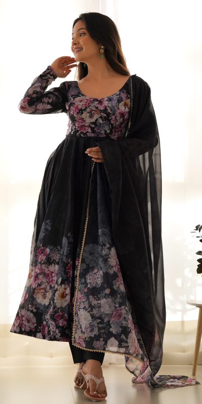 Stylist Black Color Soft Organza Silk Print With Kali Gown