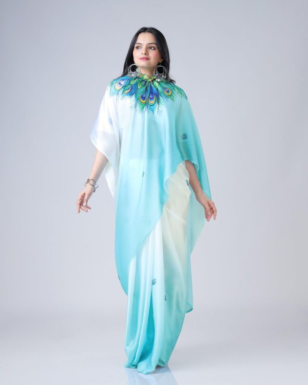 Blue And White Japan Satin Digital Print Work Saree - Image 2