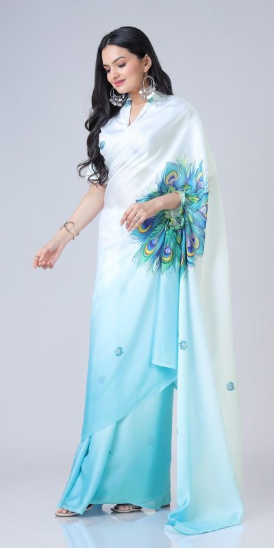 Stylist Blue And White Color Japan Satin Digital Print Work Saree