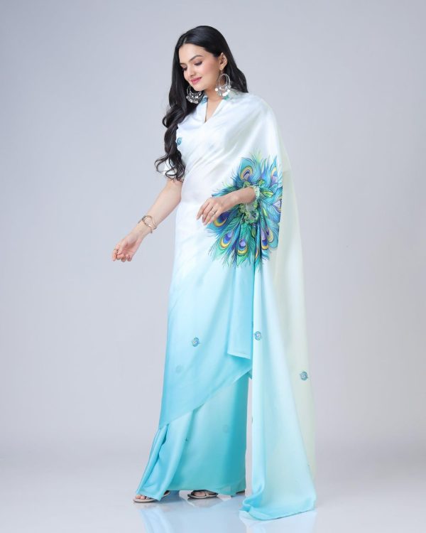 Stylist Blue And White Color Japan Satin Digital Print Work Saree