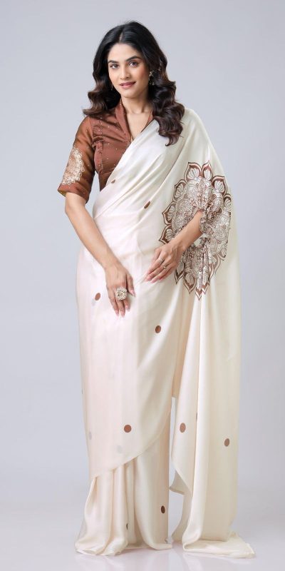 Stylist Cream Color Japan Satin Digital Print Work Saree