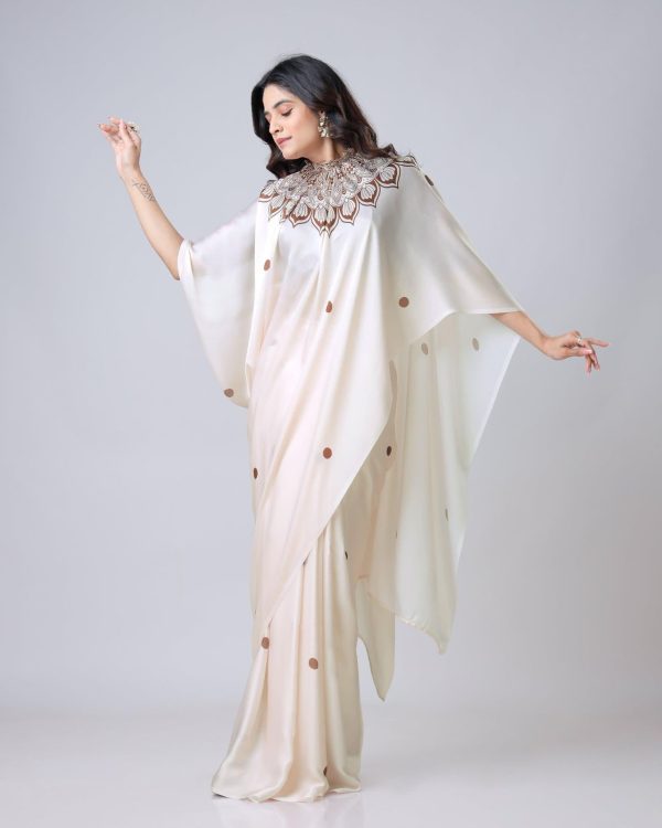 Cream Japan Satin Digital Print Work Saree - Image 3