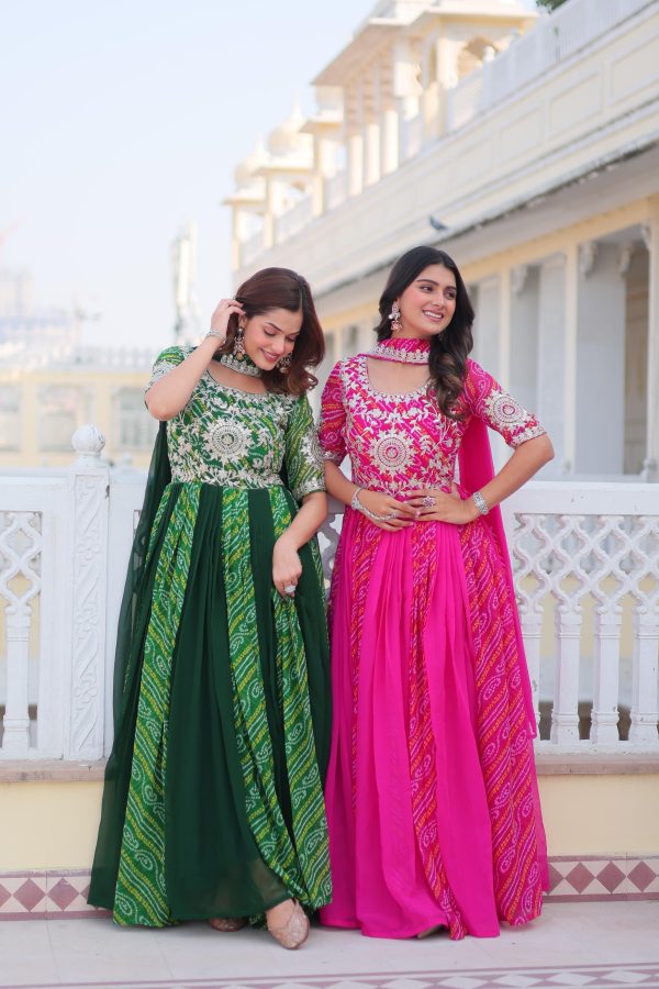 Green Bandhej Fox Georgette Sequence Work Gown - Image 3
