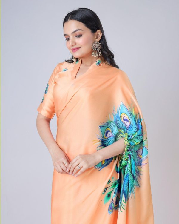 Peach Japan Satin Digital Print Work Saree - Image 2
