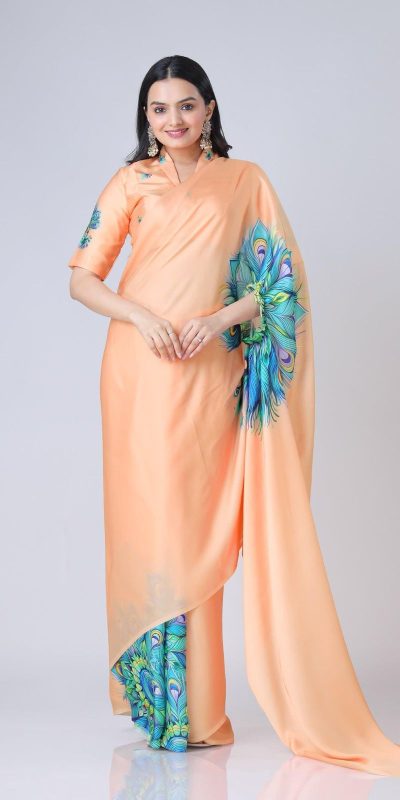 Stylist Peach Color Japan Satin Digital Print Work Saree
