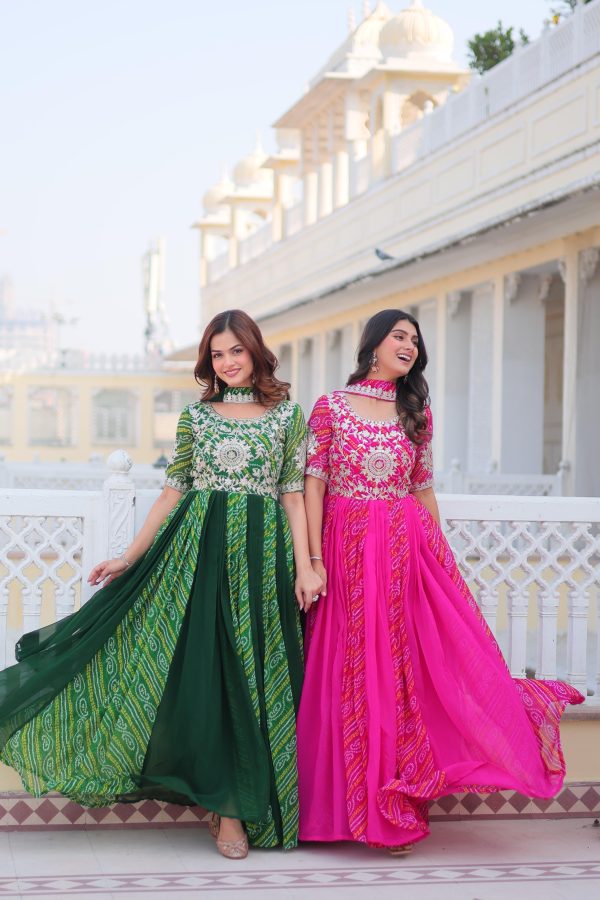 Pink Bandhej Fox Georgette Sequence Work Gown - Image 2