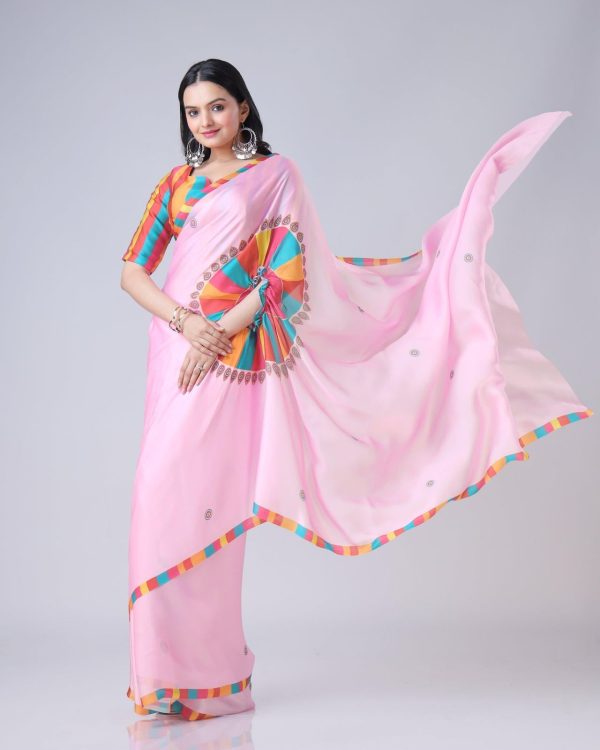 Pink Japan Satin Digital Print Work Saree - Image 5
