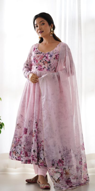 Stylist Pink Color Soft Organza Silk Print With Kali Gown