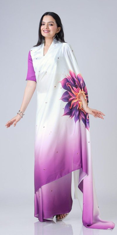 Stylist Purple And White Color Japan Satin Digital Print Work Saree