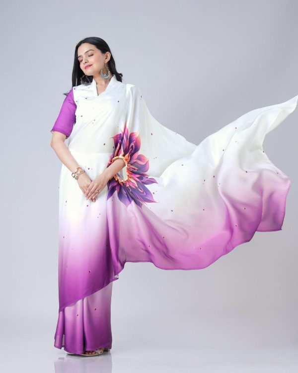 Purple And White Japan Satin Digital Print Work Saree - Image 2