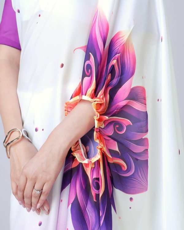 Purple And White Japan Satin Digital Print Work Saree - Image 3