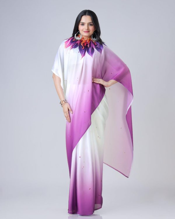 Purple And White Japan Satin Digital Print Work Saree - Image 5