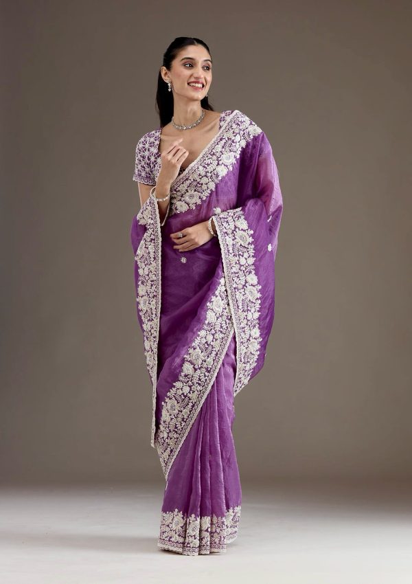 Stylist Purple Color Gold Crush Sequins Work Fancy Border Saree