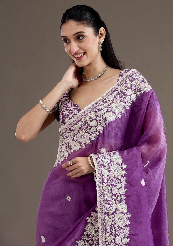 Purple Gold Crush Sequins Work Border Saree - Image 3