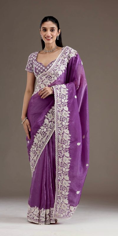 Stylist Purple Color Gold Crush Sequins Work Fancy Border Saree