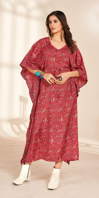 Stylist Red Color Heavy French Crape Print Kaftan Suit