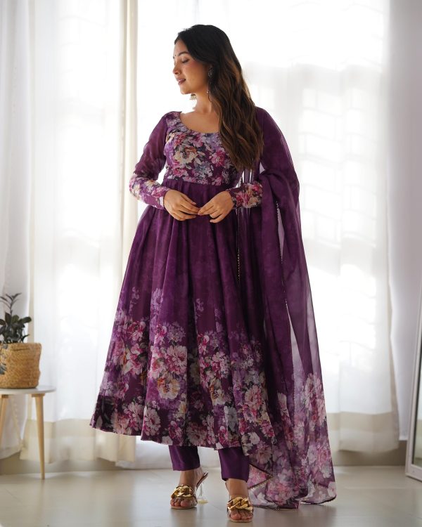 Wine Soft Organza Silk Print With Kali Gown - Image 3