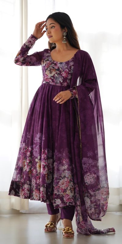 Stylist Wine Color Soft Organza Silk Print With Kali Gown