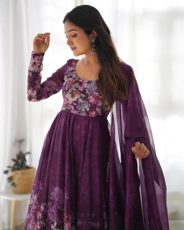 Wine Soft Organza Silk Print With Kali Gown - Image 5