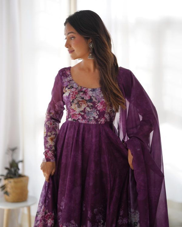 Wine Soft Organza Silk Print With Kali Gown - Image 6