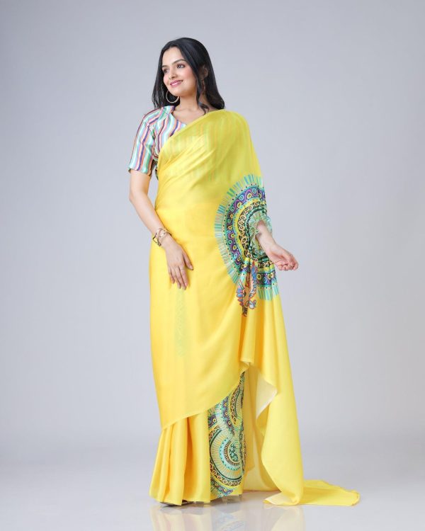 Yellow Japan Satin Digital Print Work Saree - Image 3