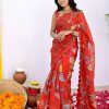 Red Vichitra Silk Digital Prints Mirror Sequence Work Saree