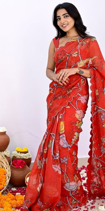 Super Red Color Vichitra Silk Digital Prints Mirror Sequence Work Saree